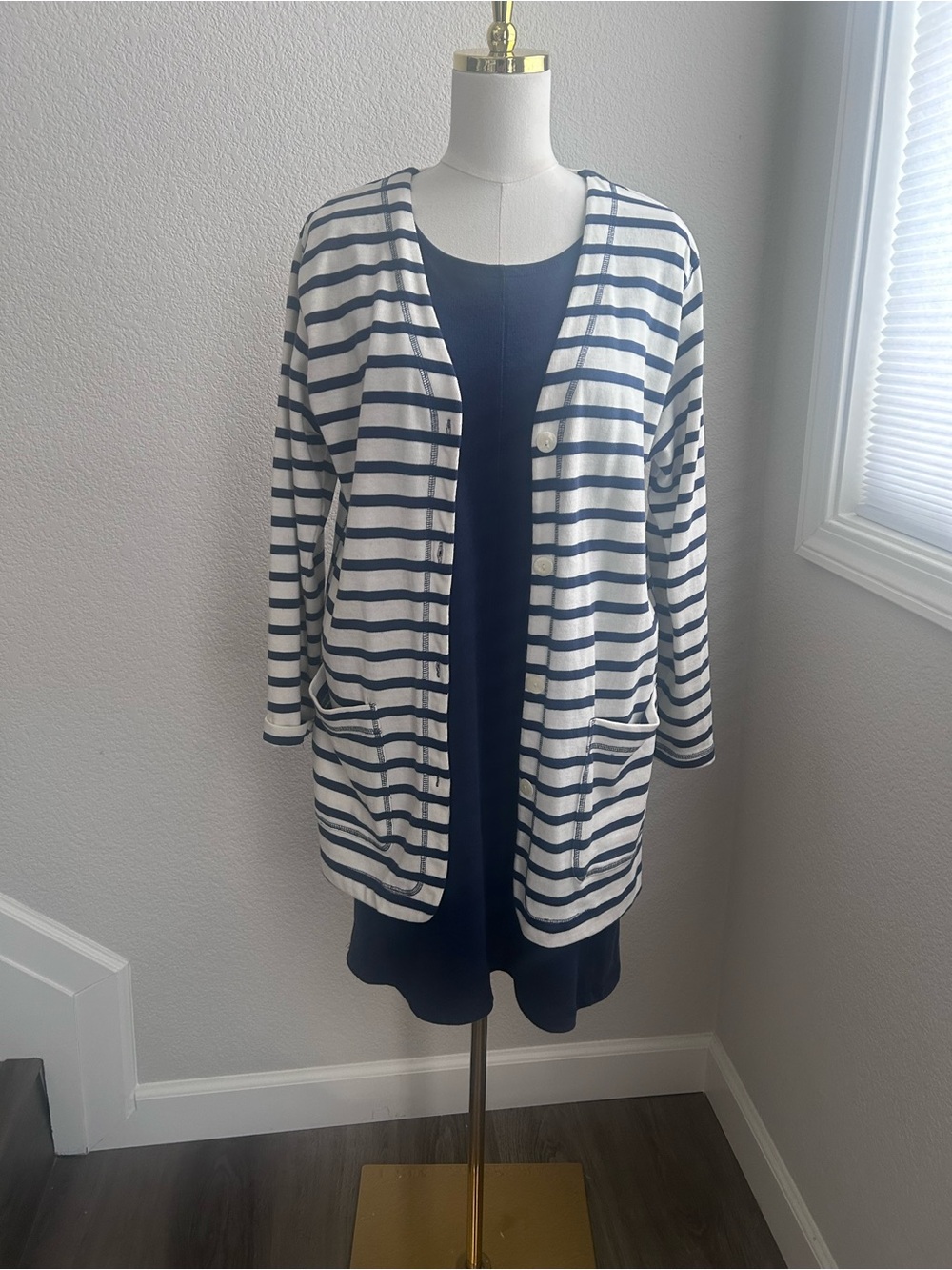 Posh Navy & White Striped Button-Front Cardigan with Navy Dress